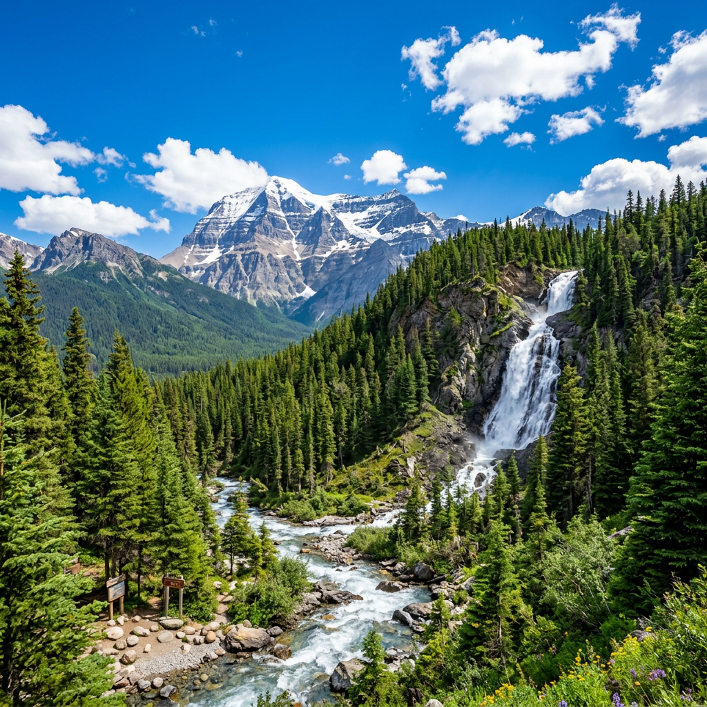 Waterfall flowing through dense evergreen forest with snow-capped mountain in background